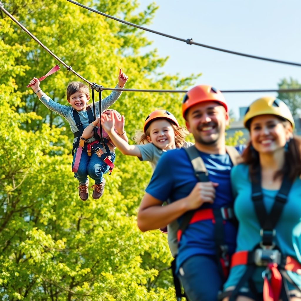 Family enjoying zipline course