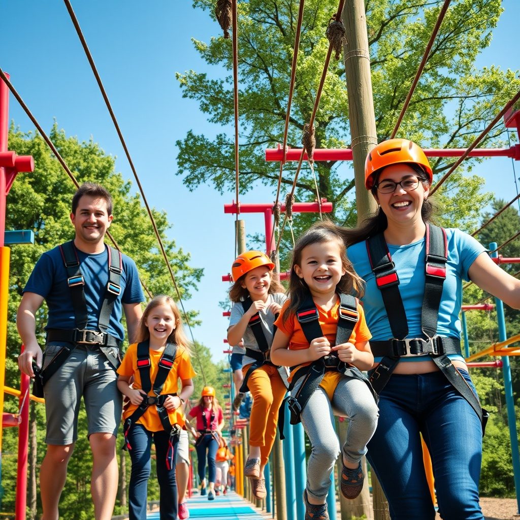 Family enjoying ziplining at Ropespark